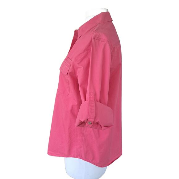 LAUREN Pink Button Down Camp Shirt Large Cotton Roll Tab Sleeve Pockets - Picture 5 of 11